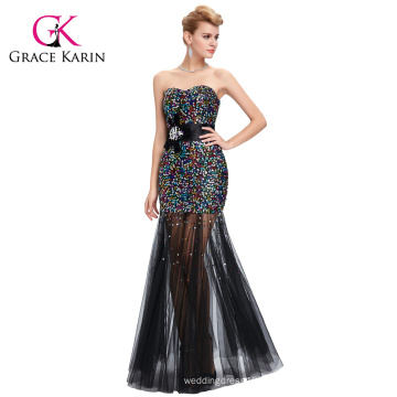 Grace Karin Mode bretelles Longs Sequins noirs Robes de soirée CL6026